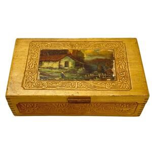 Vintage Wood Footed Jewelry Chocolate Keepsake Trinket Box Carved Mirror Hinged